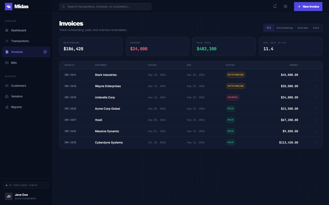 Midas invoices view