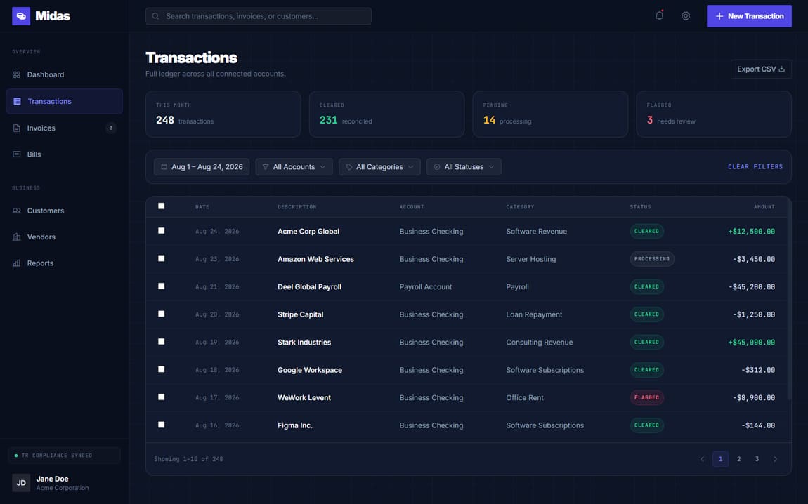 Midas transactions view